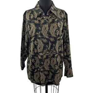 Tommy Hilfiger Black Tan Paisley Button-Up Cotton Shirt Top Long Sleeve Plus 16